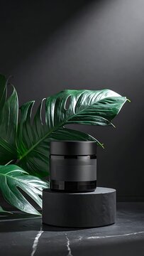 Black cylindrical object on pedestal with green plant.