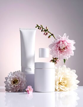Cosmetic products with flowers on table.