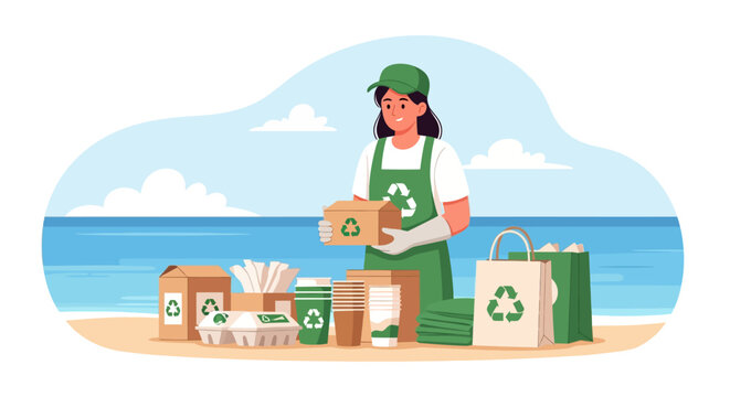 Woman sorting recycling on a beach with eco friendly packaging.