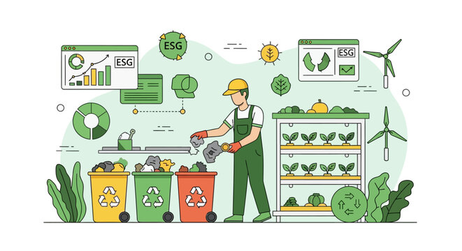 Man sorting waste into recycling bins near vertical farm.