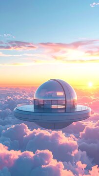 Futuristic dome above the clouds at sunrise.