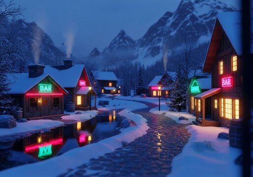 Neon Glow in a Snowy Hamlet
