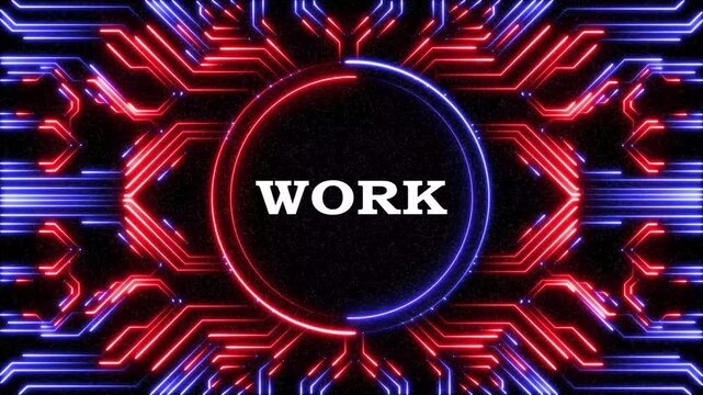 Neon digital circuit board background with word work appearing in center glowing text effect.
