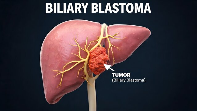 3D Medical Illustration of Biliary Blastoma Malignant Tumor Growing on Human Liver with Biliary Duct Anatomy, Labeled Pathology Diagram on Dark Gray Background for Hepatology Oncology Education