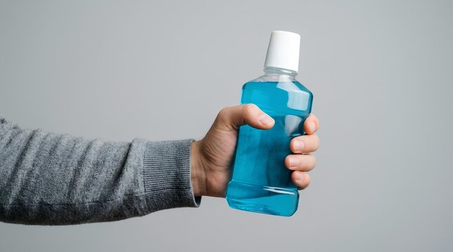 Hand Holding Mouthwash Bottle for Daily Oral Hygiene and Fresh Breath Care