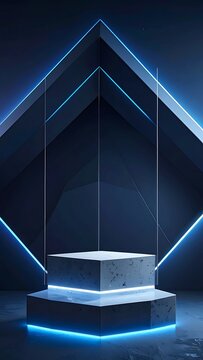Futuristic neon lit display podium stage.