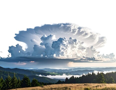 Large cumulus clouds over mountain landscape.