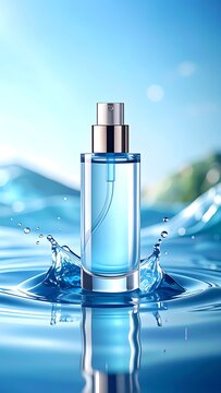 Luxury perfume bottle in water splash.