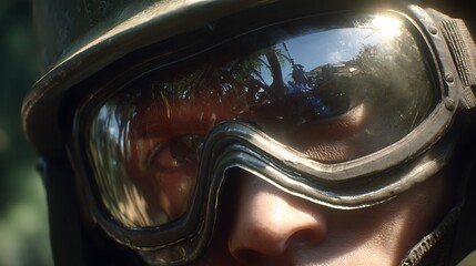 Fototapeta premium Close up of a soldier wearing tactical protective goggles.