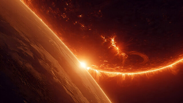 Giant Sun Approaching and Scorching a Planet Surface