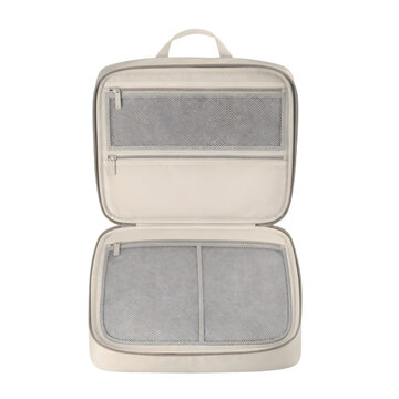 Open portable travel organizer bag with zippered mesh pockets for electronics and small accessories storage