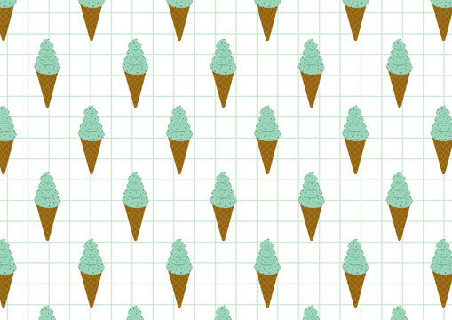 チョコミントカのソフトクリームパターンと方眼紙の総柄背景