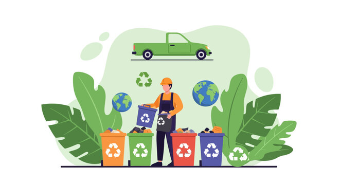 Man sorting trash into recycling bins with car and globe icons.