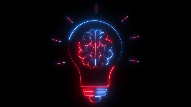 glowing neon digital bulb creativity innovation through of brain icon inside light form. Neon brain bulb icon representing idea innovation and creative thought on black background.4k video.