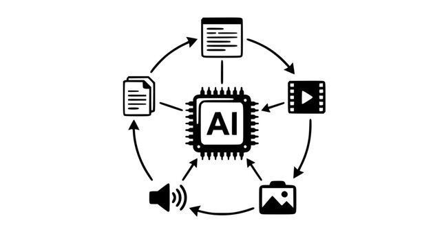 Artificial intelligence technology graphic with various media inputs and outputs