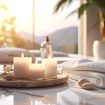 Serene spa setting with candles and towels.