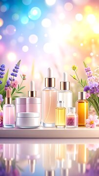 Skincare products with flowers on table.