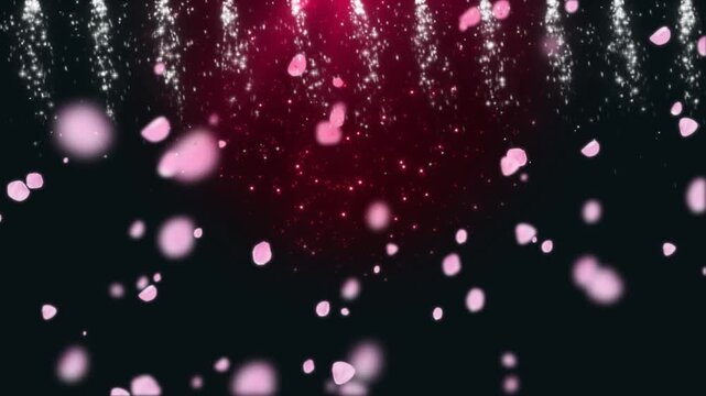 Elegant falling pink petals and shimmering particles on dark background for festive celebrations and romantic motion graphics backgrounds for professional video projects with against dark backdrop