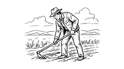Fototapeta premium Man working in a field with a hoe in hand