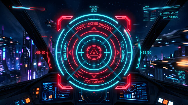 Futuristic spaceship cockpit head up display with glowing red targeting reticle