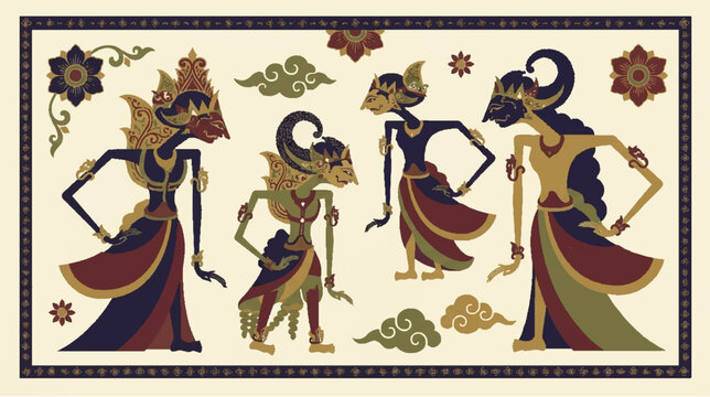 Traditional Indonesian Wayang Kulit Shadow Puppets - Cultural Art Illustration