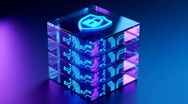 3D render of glowing glass stack of security panels with padlock on dark background representing cybersecurity threats concept for data protection