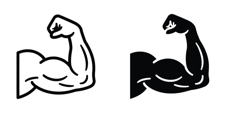Muscle bicep icon, strong arm symbol, bodybuilding fitness logo, athlete flexing hand sign, muscular power pictogram, isolated vector illustration.