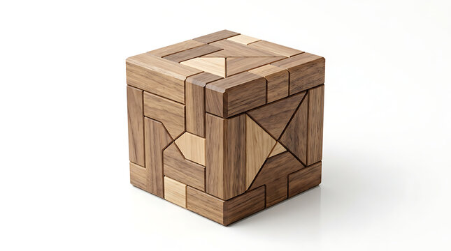 Minimalist wooden puzzle box mockup isolated on white background