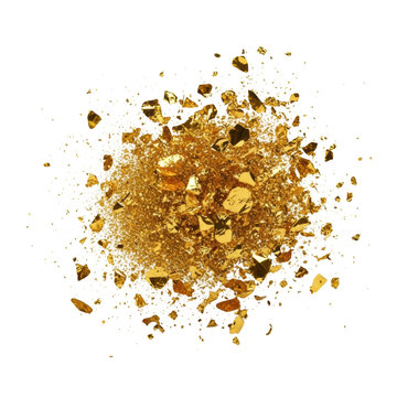 Extreme macro close-up of brilliant 24k gold foil and fine metallic dust, frozen mid-explosion against a transparent background with sharp shadows. luxurious excitement concept