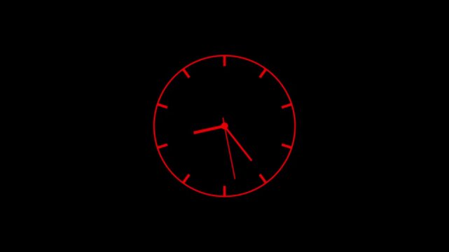 Red clock on black background animation day time. Footage. Transparent background. 4k