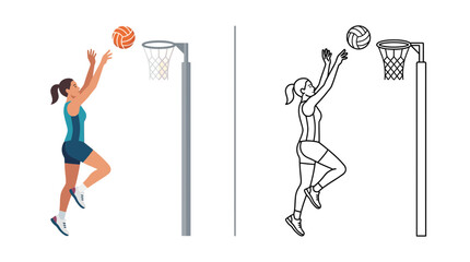 Netball Player Shooting Goal, Action Shot, Color and Line Art © Zeyi
