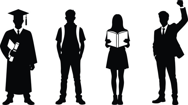 Education people silhouette collection featuring graduate, student, reader and successful professional, black vector illustration isolated on white background