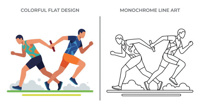Relay Race Athletes Running, Flat Design vs Line Art Comparison