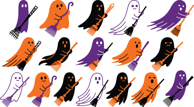 Cute Halloween ghost character bundle featuring flying and sweeping little phantoms with witch brooms in purple orange black vector illustration