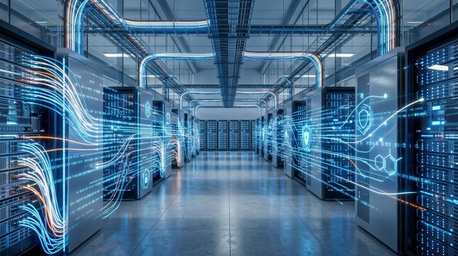 Futuristic server room with neon lights.