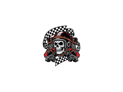 An Edgy Retro Roller Derby Skull Wearing A Helmet And Roller Skates With Black And White Checkered Flags In A Circular Emblem Vector Illustration