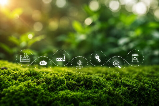 AI generated sustainability global network connecting ESG monitoring carbon reduction circular economy renewable innovation environmental performance clean copy space