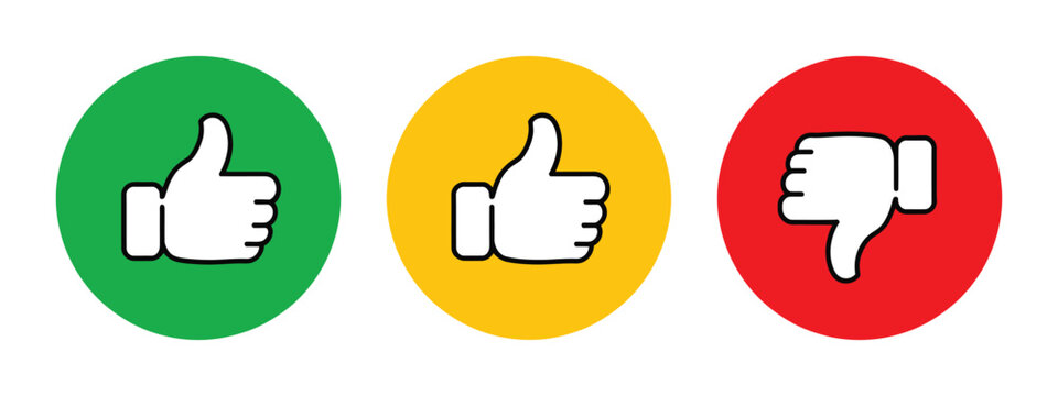 Thumbs up down neutral icon set, like dislike feedback symbols, green yellow red rating signs, isolated on transparent background, editable vector illustration.