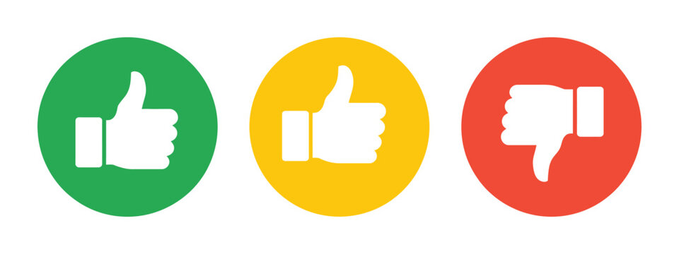 Thumbs up down neutral icon set, like dislike feedback symbols, green yellow red rating signs, isolated on transparent background, editable vector illustration.