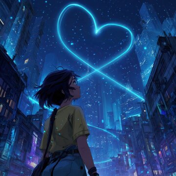 Dream-weaver threads glowing hearts through a neon midnight cityscape in an anime-style cyberpunk scene. A lone young woman stands in a rain-kissed street, gazing upward as a luminous heart traced by