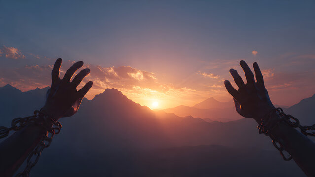 First person view of hands with broken chains reaching towards a mountain sunrise representing freedom and liberation from struggle