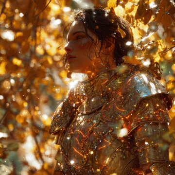 Female warrior in ornate armor stands in a magical forest bathed in sunlight, gold leaves glittering around her. Neon dream threads weave around and through her, intertwining with radiant light and s
