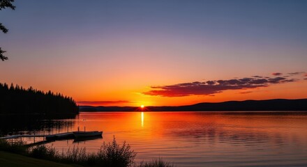 Fototapeta premium Serene Sunset Over Calm Lake with Dock and Boat.