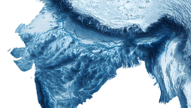 Blue monochromatic 3D topographic relief map of India and the Himalaya mountain range