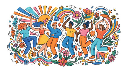 Obraz premium Cheerful Youth Day vector illustration capturing diverse young people dancing joyfully, surrounded by colorful abstract elements and vibrant energy