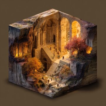 Isometric fantasy diorama inside a colossal cube-shaped castle perched above desert canyons in autumn, dim amber lighting, ethereal atmosphere, intricate stone arches and staircases, tiny figures and