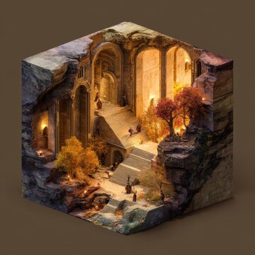 Isometric fantasy diorama inside a colossal cube-shaped castle perched above desert canyons in autumn, with dim amber lighting that bathes intricate stone arches, staircases, and miniature figures an