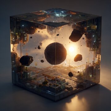Isometric, photorealistic diorama of an orbital cube space habitat, with drifting asteroids and a miniature world, bathed in warm sunlight streaming through translucent hulls; hyper-detailed textures