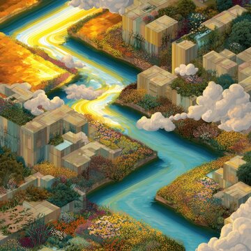 Isometric dreamscape with a winding river weaving through modular cube‑like landscapes, late‑day golden light curling over the water, wildflowers lining terraced banks, and surreal sun‑dappled hues t