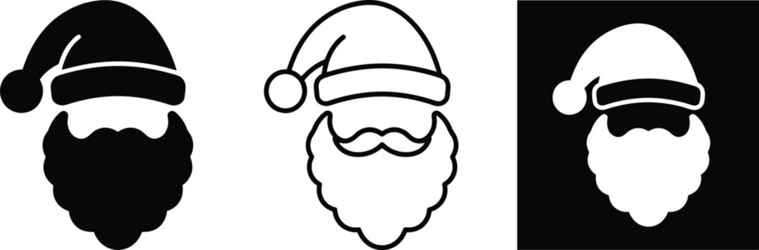 Santa Claus hat and beard icon set featuring solid black silhouette outline style and negative space vector illustrations